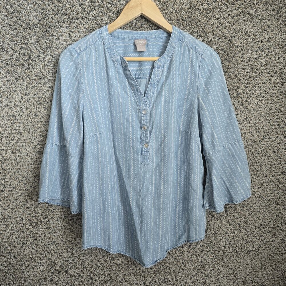 Chicos Top Womens 0 US Small Blue Bell Sleeve Popover Blouse Ladies Chambray